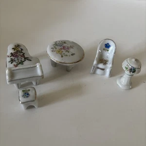 5 Tiny Porcelain Dollhouse Furniture: Piano Bench Table Chair Mini Fairy Gardens - Picture 1 of 6