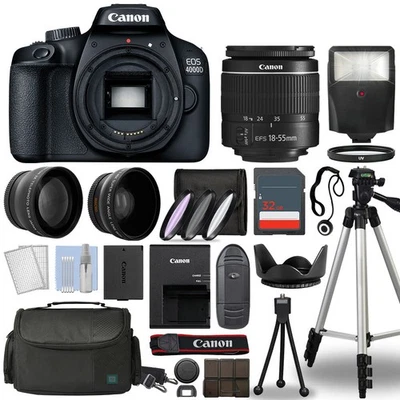 Canon EOS 4000D / Rebel T100 SLR Camera + 3 Lens Kit 18-55mm+ 32GB+ Flash & More - Image 1 of 4