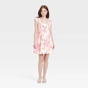 A New Day Neu mit Etikett Damen Korsett gewebt Mini A-Linie Kleid rosa Blumen Größe 12 - Bild 1 von 11