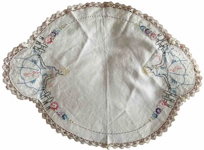 Large Antique Doile Vintage Tabletop Cloth With Lady Flowers Embroidered - Image 1 of 4