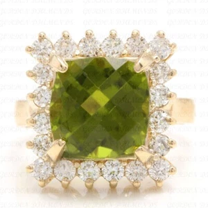 5.50ct Cushion Cut Natural Peridot & Diamond Wedding Ring 18K Yellow Gold Plated - Picture 1 of 15