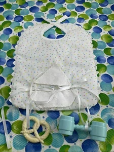 Unbranded Counted Cross Stitch Baby Bib Vint. 1990’s ~with Teether & Rattle NEW - Picture 1 of 2