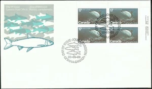 Canada sc#853 Endangered Wildlife: Atlantic Whitefish, UR Imprint Block, FDC - Picture 1 of 2