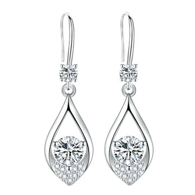 Women 925 Sterling Silver Jewelry Crystal Water Drop Tassel Earrings Stud Hook - Image 1 of 4