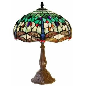 Tiffany Lamp Table Lamp Dragonfly Design Ivory Green Glass Metal Base Set of 1 - Picture 1 of 2