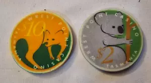 Wrest Point Hobart Sandy Point Tasmania $2 e $10 fiches da casinò canguro koala - Foto 1 di 7