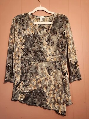 Dressbarn Women's L Gold/Black 3/4 Sleeved Tunic Top Floral Lace Accents - Image 1 of 4