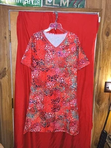 Vestido naranja floral talla mediana manga corta sedoso cuello en V - Imagen 1 de 2
