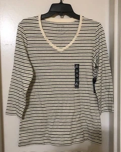 St. John's Bay Damen Medium 3/4-Ärmel V-Ausschnitt Top T-Shirt grau/schwarz/weiß gestreift neu mit Etikett - Bild 1 von 8