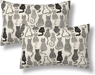 Cat Lumbar Pillow Covers 12x20 Set of 2 Abstract Kitten Decorative Cushion Case - Image 1 of 4
