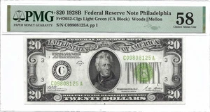 1928B $20 PHILADELPHIA FRN PMG Choice About Uncirculated 58 Banknote LIGHT GREEN - Picture 1 of 2