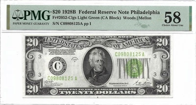 1928B $20 PHILADELPHIA FRN PMG Choice About Uncirculated 58 Banknote LIGHT GREEN - Image 1 of 2