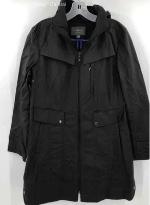 Abrigo de lluvia Cole Haan para mujer negro manga larga bolsillos con capucha cremallera completa talla mediana Foto 1 de 4