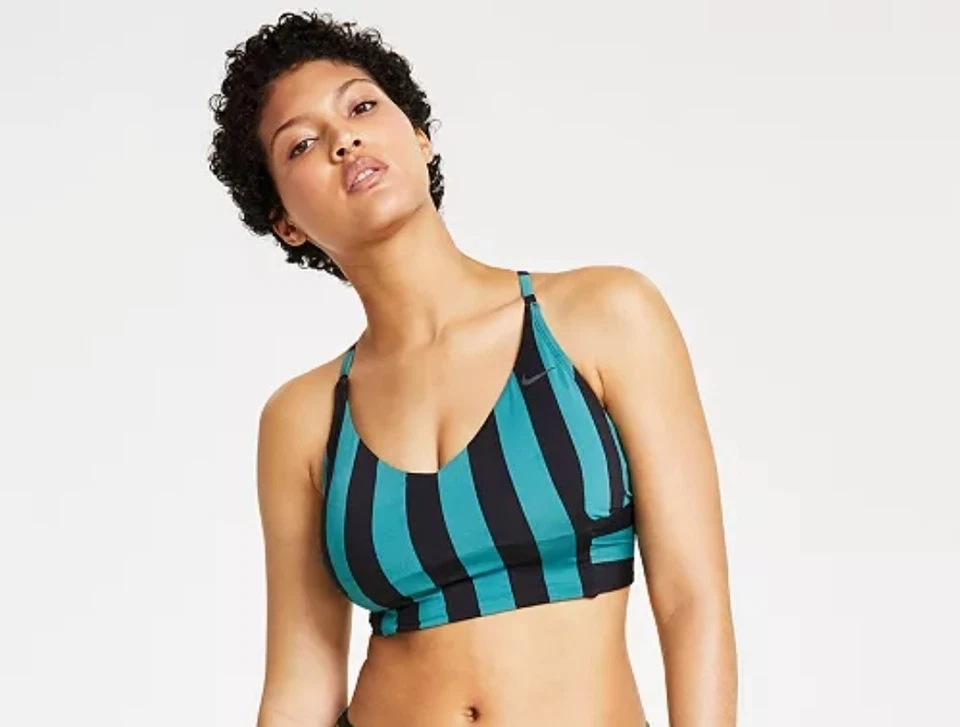 Nike Women's Black Green Statement Stripe V-Neck Midkini Top Swimwear Size M