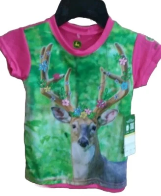 NEW John Deere Girls Buck Deer Flowers & Pink Short-Sleeve T-Shirt, Size 6 - Image 1 of 3