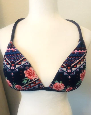 NEW XL Blue Pink Floral MALIBU DREAM GIRL  SWIM TOP Bikini PushUp Macrame BRA - Image 1 of 4