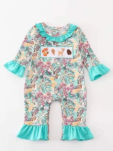 Girl's Boutique Teal Floral Print Forest Animal Embroidered Embroidery BABY Todd - Picture 1 of 9