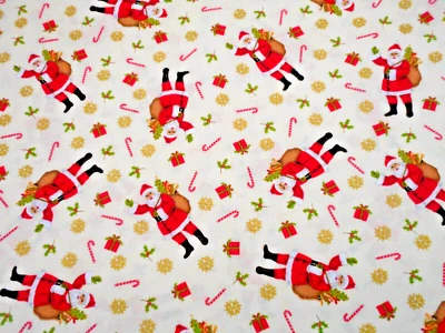 Christmas Fabric By Yard Waving Santa Metallic Gold Snow on Cream Cotton #B38 #C - Image 1 of 2