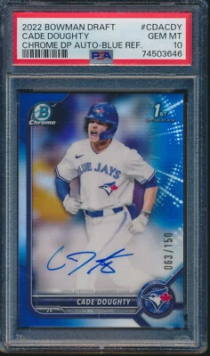 PSA 10 CADE DOUGHTY AUTO 2022 1st Bowman Chrome BLUE REFRACTOR #/150 RC GEM MINT - Image 1 of 3