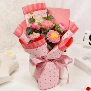 Crochet Flower Bouquet - Handmade Pink Knitted Blossoms - Rose, Daisy, Sunflower - Picture 1 of 2