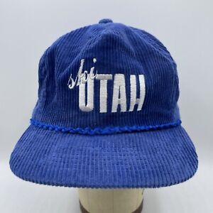 Vintage 80s Ski Utah Corduroy Hat Adult Strapback Rope Blue Youngan Baseball Cap