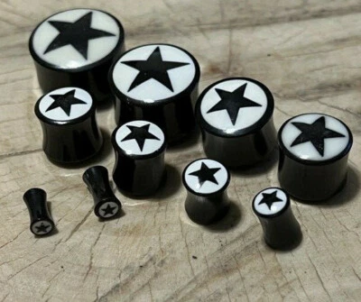 PAIR BUFFALO HORN & BONE STAR PLUGS PLUG TUNNELS GAUGES EARRINGS TUNNEL - Image 1 of 4