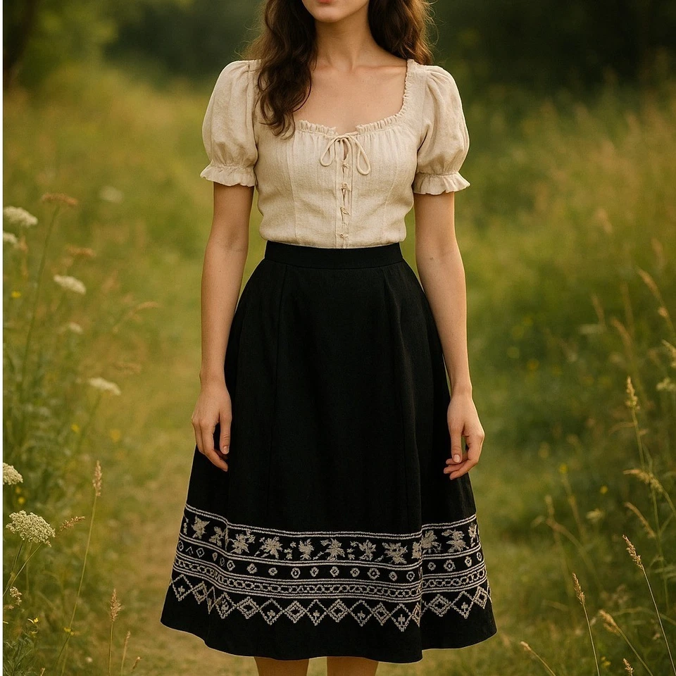 Falda midi vintage Villager by Liz Claiborne negra bordada - talla 12 - nueva con etiquetas Foto 1 de 4