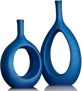 Vaso di fiori in ceramica blu, set di 2 per vaso ovale cavo per arredamento casa ufficio - Foto 1 di 5