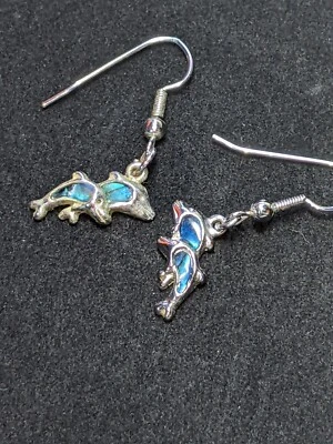 Серебряный двойной дельфины подвеской серьги с синий опал инкрустация - Изображение 1 из 4