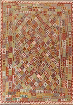 Diamond Flat Weave Reversible Kilim Area Rug 10'x13' Dining Room Wool Carpet - Image 1 of 4