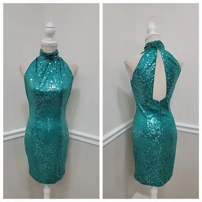Vestido de cóctel vintage años 80 Nite Line verde lentejuelas halter pene  Foto 1 de 4