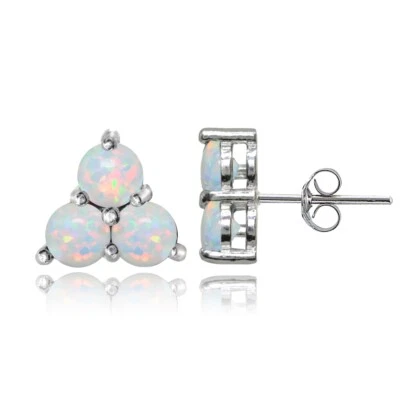 Three Stone Round Simulated White Opal Cluster Triangle 925 Silver Stud Earrings - Image 1 of 3