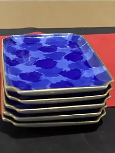 Japanese Rectangular 5 Sushi Plates Blue With Vibrant Gold Rim 13.5*9cm Elegance - Picture 1 of 12