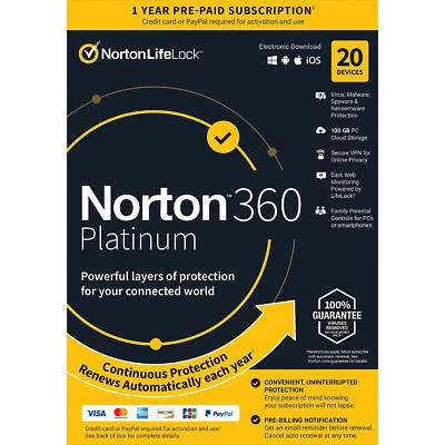 Norton 360 Platinum 2025 Factory-Sealed Flat Pack For Download:  1-20 Devices - Image 1 of 2
