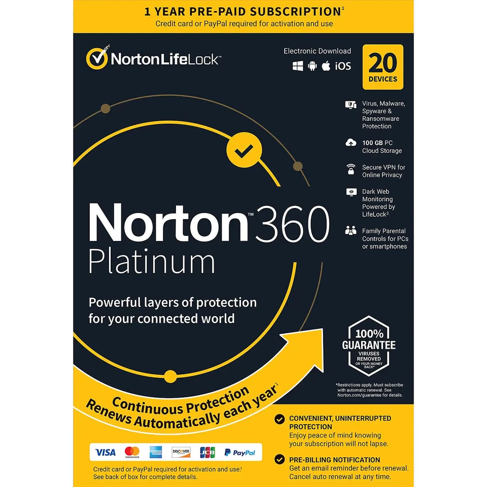 Norton 360 Platinum 2025 Factory-Sealed Flat Pack For Download:  1-20 Devices - Image 1 of 2