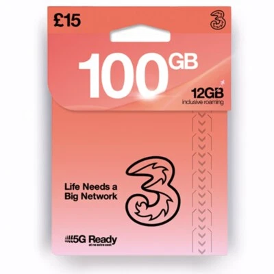 100GB Data + UNLIMITED UK Mins & Texts 5G Three Network SIM Card - NO CONTRACT - Image 1 of 4