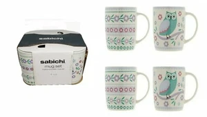 JUEGO DE TAZAS DE CAFÉ SABICHI DE 4 PIEZAS - BÚHO Y DISEÑO FOLCLÓRICO HUESO CHINA REINO NUEVO EN CAJA 360 ml - Imagen 1 de 1