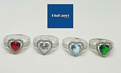 Anello donna fascia argento 925 zirconi bianchi solitario  cuore colorato - Immagine 1 di 4