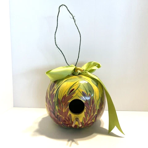 Hand Painted Colorful Round Gourd Birdhouse Wire Hanger Green Ribbon Sealed Cover