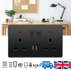 Double Wall Plug Socket 2 Gang 13A with 2 USB Charger Port Outlets Black Plate - Picture 1 of 9