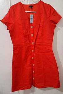 Ann Taylor Womens Size 8 Petite RICH ORANGE shift Dress LINEN COTTON  Button  - Picture 1 of 9