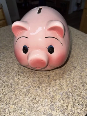 Large Vintage Mid Century Pottery Blush Pink Fat Belly Pig Piggy Bank EUC - Image 1 of 4