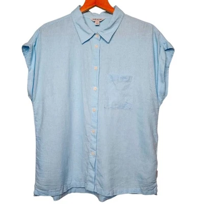 Женская рубашка Orvis из синего льна с коротким рукавом на пуговицах размер Small - Изображение 1 из 4