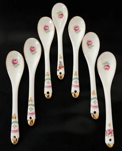 Menge (7) handbemalte Blumen Porzellan Gewürz Servierlöffel ~ Vintage! - Bild 1 von 3