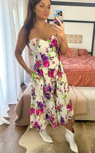 Vintage 80’s Size 8 100% Cotton White Sweetheart Floral Strapless Midi Dress - Picture 1 of 10