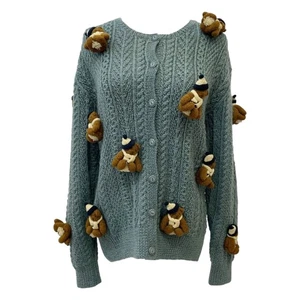 PINK HOUSE Hand Knit Mohair Wool Cardigan Free Size Sweater Bear Japan Excellent - Picture 1 of 10