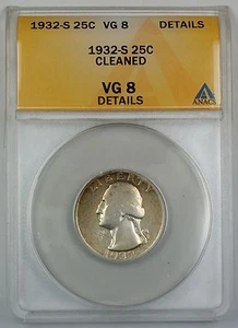 1932-S Silver Washington Quarter, ANACS VG-8, Details, Cleaned - Picture 1 of 2