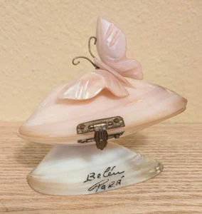 Caja de baratija de recuerdo con concha de almeja real pulida opalescente exótica con mariposa - Imagen 1 de 8