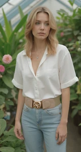 Women Beige Elastic Fashion Belt Hip High Waist Gold Metal Flower Buckle Fit S M - Picture 1 of 24