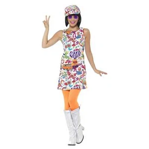 60's Groovy Chick Hippie Women's Costume Small 1960s Peace Love Short Dress Hat - Picture 1 of 5